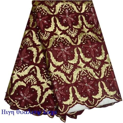 Wine Red High Quality with Beads African Tulle Net Lace Fabric 2018 Fashion embroidered sequins Organza lace fabrics WD-001