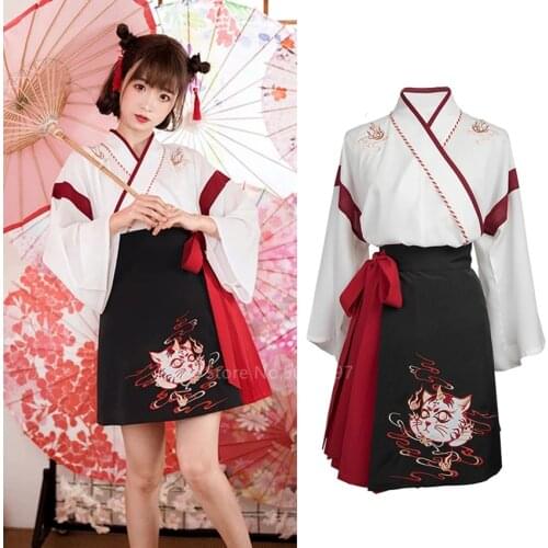 Asian Fashion Kimono Short Skirt Set Japanese Traditional Harajuku Kimono Women Girls Asian Yukata Retro Embroidery Yukata Hanfu
