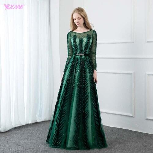 YQLNNE Dubai Emerald Green Full Sleeve Evening Dresses 2019 Long Velvet Beaded Aline Evening Gowns Side Pocket
