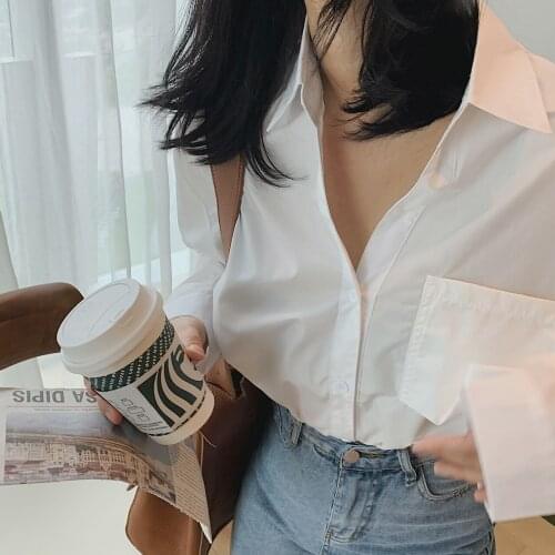 2021 Womens Basic Pocket White Shirt Blouses Za Woman Tops Clothing Long Sleeve Korean Fashion Cardigan Dress Tunics Office Tee