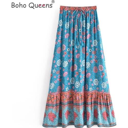 Boho Queens Hippie women floral print tassel beach Bohemian pleated skirt ladies High Elastic Waist A-Line rayon Boho Maxi Skirt