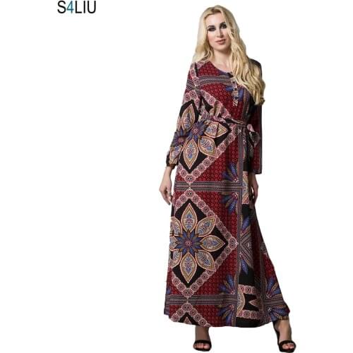 Plus Size Women Muslim Long Sleeve Maxi Dress Printed Abaya Kaftan Jilbab Islamic Casual Loose Prayer Robe Gown Clothing New