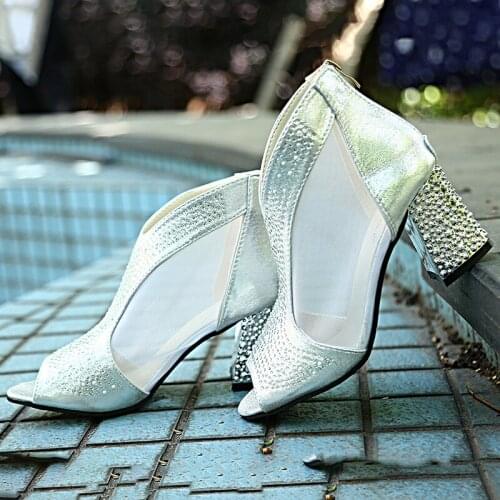 Hot Sexy Rhinestone High Heels Women Sandals Women Bling Square Heel Diamond Summer Women Shoes Pumps Wedding Shoes Women