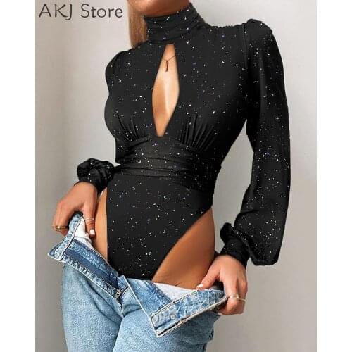 Women Puff Sleeve Glitter Cut Out Bodysuit Solid Shiny Black Casual Body Top Patchwork Jumpsuit Femme