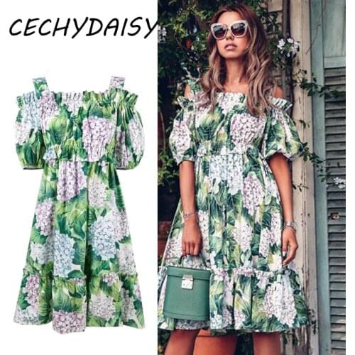 2021 Summer Dress Women High Waist Sexy Off-Shoulder Short Sleeve Green Floral Printed Flower Boho Beach Chic Mini Dresses Mujer