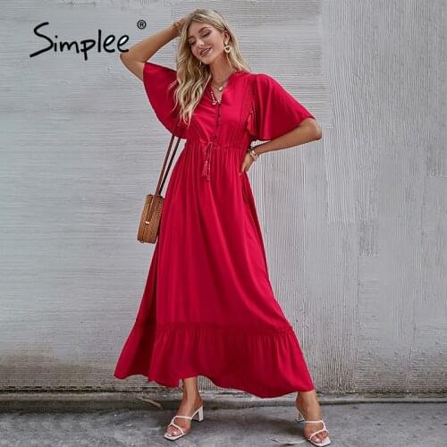 Simplee Boho tassel lace up v-neck ruffled short sleeves women dress summer A-line solid beach maxi dress Buttons female vestido