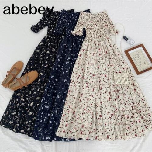 2021 New Spring Summer Women Retro All-match floral print off shoulder Dress Ruched slim mid length A-line Dress