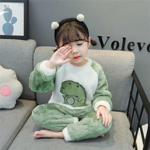 Winter Cchildren Home Clothes Baby Boys 2Pcs Sets Kids Girl Cartoons Pajamas Set Long Sleeve Sleepwear Warm New Girl Suit Green