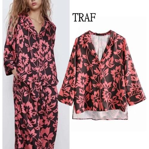 TRAF Za Women Blouses 2021 Summer Loose Print Long Sleeve Shirts Fashion Plus Size Women Clothing Female Shirts Blusas Chic Tops