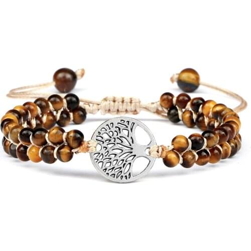 Tiger Eye Natural Stone Beaded Bracelets Tree Life OM Pendant Adjustable Women Bracelet & Bangle Gift for Friend Yoga Jewelry
