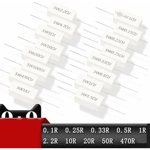 10pcs 5W Cement resistance 0.1 - 10k ohm 0.22 0.33 0.5 1 10 100 1K 10K ohm 0.1R 0.22R 0.33R 0.5R 1R 10R 100R 5% cement resistor