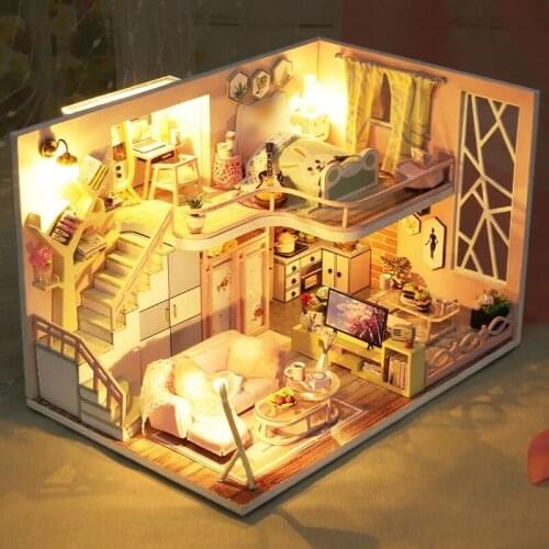 Wooden Doll House Furnitures Diy 3D Loft Wooden Miniaturas Assemble Dollhouse Toys for Children Birthday Gifts