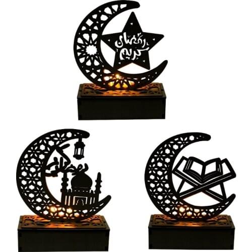 Wooden Ramadan Eid Mubarak Moon Star Islamic Muslim Party with LED Light Ornament Home Decor DIY
