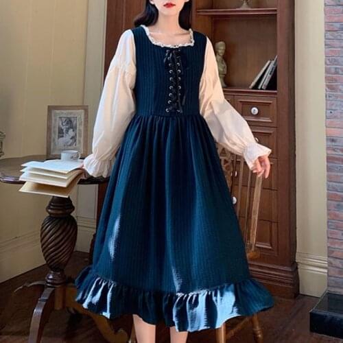 Spring/Autumn Preppy Sweet Girl Gothic Lolita Long Dress French Literary Girl Vintage Gentle Woman Bow Bandage Mid-Length Dress