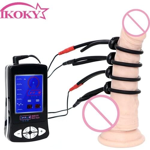 IKOKY Penis Ring Electric Shock Cock Ring Medical Sex Toys for Men Therapy Massager Electro Stimulation Silicone Electric Shock