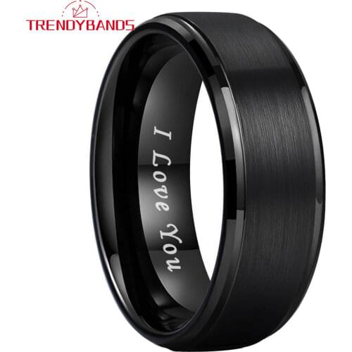 8MM Black Men Women Tungsten Rings Wedding Band Stepped Beveled Edges Brushed Finish Comfort Fit