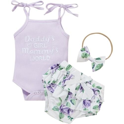 Baby Girls Clothes 3Pcs Summer Outfits, Sleeveless Self-Tie Strap Rib Knitted Cotton Romper + Bloomer Shorts + Headband Set