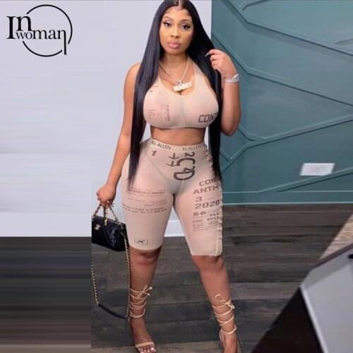 INWOMAN Sexy Bodycon Crop Top 2 Two Piece Set Women Halter Top Outfits 2021 Ladies Backless Tank And Biker Shorts Matching Sets