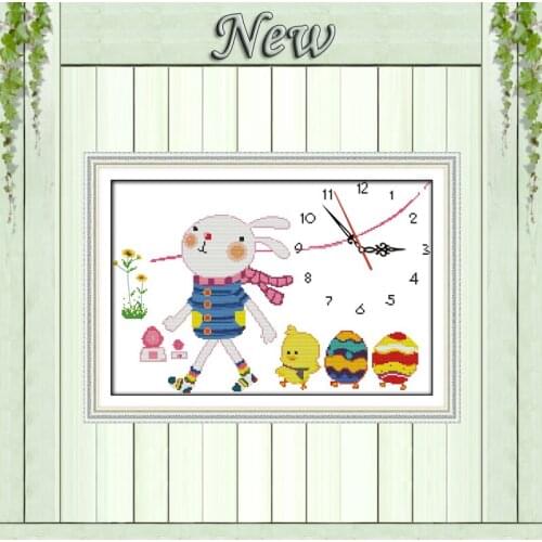 Lovely rabbits clock decor painting counted printed on canvas DMC 14CT 11CT Chinese Cross Stitch Needlework Sets Embroidery kits