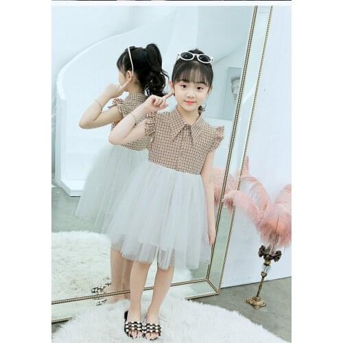 Fashion hipster childrens clothing summer girls plaid dress new net red princess dress in the big childrens puff yarn