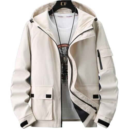 Mens hooded coat spring and autumn tooling fashion loose jacket cotton-padded jacket hooded multi-pocket Parker coat mens wear