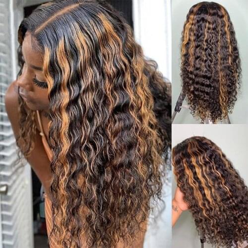 Ombre Highlight Human Hair Wigs For Women 13X5X1 Tpart Curly Wave 150 Density Pre Plucked With Baby Hair Natural Line