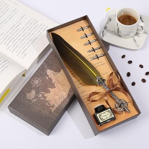 Personality DIY Birthday Gift Feather Pen Retro Wedding Signature Pen Gift Pen Set Coffee Box Packaging Stationery Set