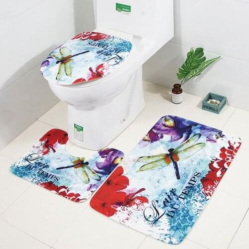 Ink Printing 3pcs Bathroom Carpet Set Flannel Bath Mat Set Anti-slip Toilet Floor Mats Bathroom Rugs Lid Toilet Cover Shower Pad