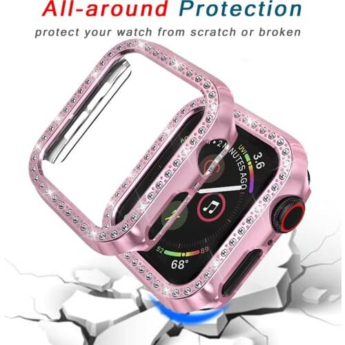 Luxury One Rows Diamond PC Protect Cover for Apple Watch Case Series 5 4 3 2 1 Fashion Bling Bumper 40/44/38/42mm Accessories