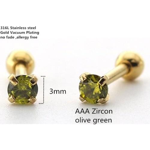 Titanium Gold-color Plated Screw Stud Earrings With Mini 3mm Olive Green AAA Zircon 316L Stainless Steel No Fade No Allergy