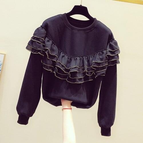 Hoodie Women Korean New Fall Winter Flounced Patch Round Neck Long Sleeve Pullover Sweatshirt Students Casual Hoody