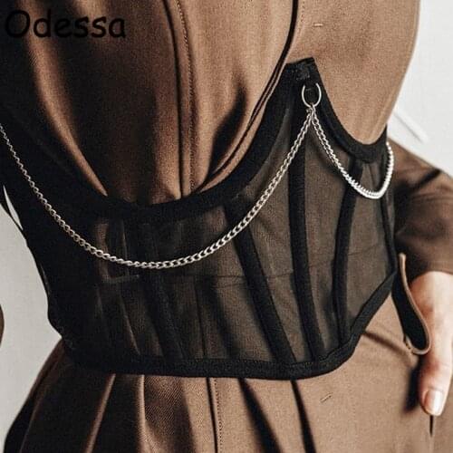 Odessa Black Chain Mesh Transparent Sexy Crop Corset Tops Woman Black Fishbone Casual Bustier Bandage Tube Tops Spring 2021