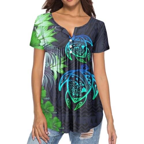 HYCOOL Free Ship Polynesia Tribal Design Women Summer Short Sleeve Pleated Buckle Shirt Ladies Tops 2021 Plus Size Casual Blouse