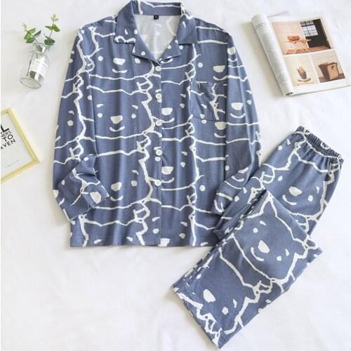 Spring / Autumn Knitted Cotton Long Sleeved Womens Pajamas Cartoon Couple Trouser Suits Two Piece Set Men Loose Home Suit 2021