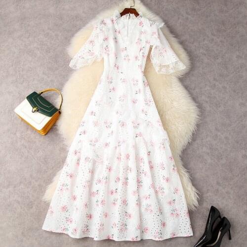 European and American womens wear for summer 2021 V-neck cut-out print with five-quarter sleeve Fashion White Dress