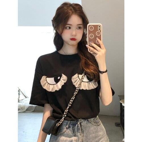 Woman Tshirts Black Short-sleeved T-shirt Womens Super Hot Summer New Net Red Loose Wild Half-sleeved Top