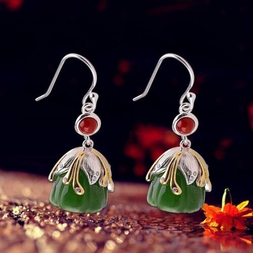 Manufacturers direct fashion fashion earrings S925 sterling silver jewelry womens Hetian jasper lotus earrings