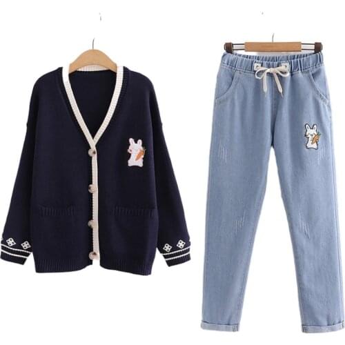 2021 Winter Women Two Piece Set Cartoon Embroidery V-neck Knitted Cardigan And Elastic Waist Embroidery Denim Pants Sets