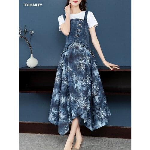 TIYIHAILEY 2021 Free Shipping Vintage Women Long Mid-calf Sleeveless Denim Summer Patchwork Dresses S-XL Print Stpaghetti Strap