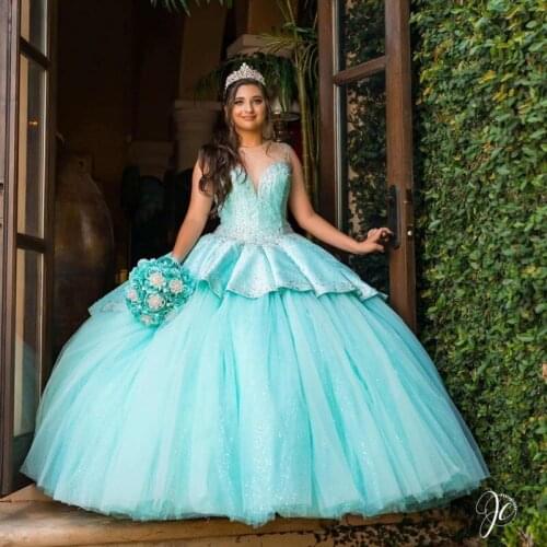 Vestidos De 15 Anos Mint Green Quinceanera Prom Dresses Crystal Beaded Sheer Neck Sweet 16 Ball Gowns