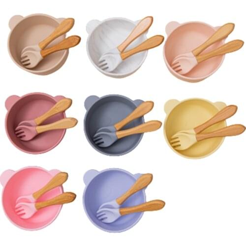 1set Silicone Baby Feeding Bowl Tableware Wooden Spoon Non-Slip Crockery Silicone Dishes for Children Bowl Baby Dish BPA Free