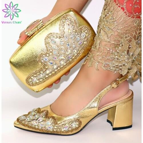 2019 Shining crystal Gold shoes Italian shoes with matching bag ladies shoes with rhinestone for wedding