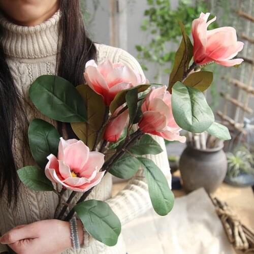 3 Head Magnolia Artificial Flowers Pink With Hand Feel Valentines Day Gift Wedding Home Decoration New Product
