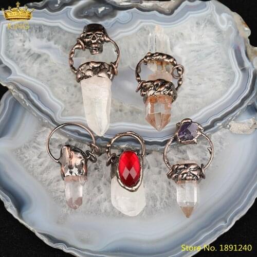 5Pcs/Lot Bronze Skull Head Pendant Jewelry Findings,White Quartz Point Beads Pendant Charms,Crystal Beads Hoop Pendant For Women