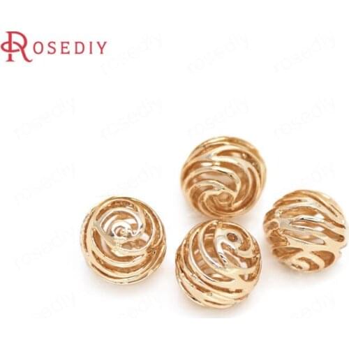 C354)6 pieces 10mm 24K Champagne Gold Color Brass Hollow Rose Flower Spacer Bracelet Beads High Quality Jewelry Accessories