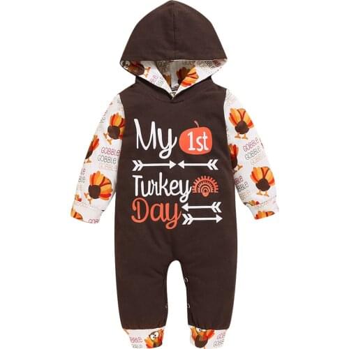 Wallarenear 0-24M Newborn Baby Boy Girl Halloween Romper Long Sleeve Turkey Printed Hooded Jumpsuit Clothing
