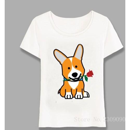 Corgi Dog Puppy Pembroke Welsh Valentine Rose Maiden T-Shirt Fashion Women T-Shirt Casual Art Ladies Tops Girl Tees Harajuku