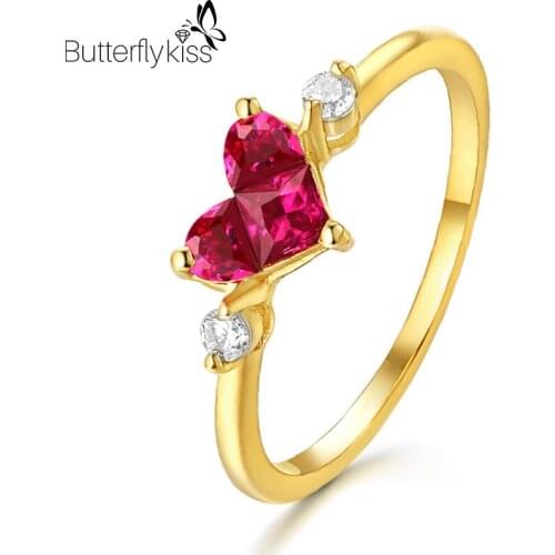 BK 14k Genuine Gold 585 Rings For Women Red Corundum Heart Shape Sweet Lovely Fine Jewelry Cute Female Wedding Gifts
