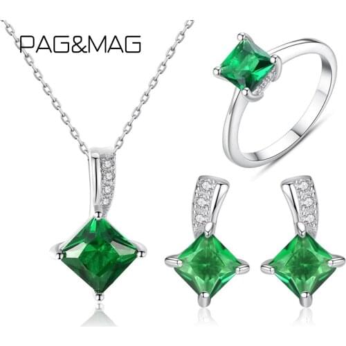 PAG&MAG Real 925 Sterling Silver Jewelry Set Nano Russian Emerald Earrings Ring Necklace For Women Engagemen Jewelry Set Silver