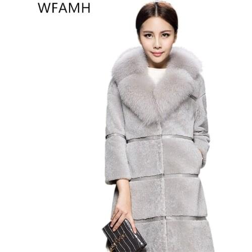 Sheep shearing 2020 autumn winter new stitching fur all-in-one long fox fur collar coat women Pleats Slim fit Ladies match